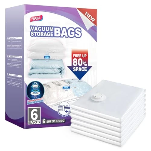 TAILI Worki do przechowywania próżniowego z długim bocznym zamkiem błyskawicznym 6-pak Jumbo 120 x 100 cm wielokrotnego użytku oszczędność miejsca kompresja zamek błyskawiczny worki próżniowe do