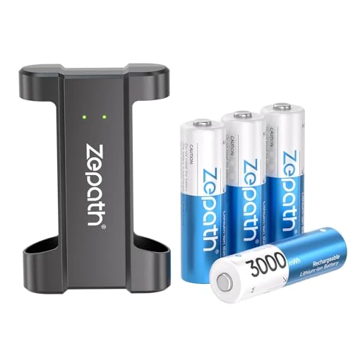 Zepath 4 piles rechargeables 1,5 V AA au lithium avec chargeur 2 emplacements, 3000 mWh Dobbia à piles rechargeables avec 1600 + Tech