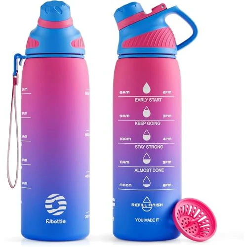 Fjbottle Water Bottle 1L/710 ml + Strainer - Sports Water Bottle with Time Marking / Magnetic Lid - BPA-Free Plastic Bottle for Fitness, School, Yoga, Outdoor