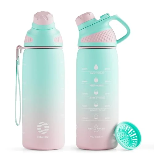 Fjbottle Water Bottle 1L/710 ml + Strainer - Sports Water Bottle with Time Marking / Magnetic Lid - BPA-Free Plastic Bottle for Fitness, School, Yoga, Outdoor