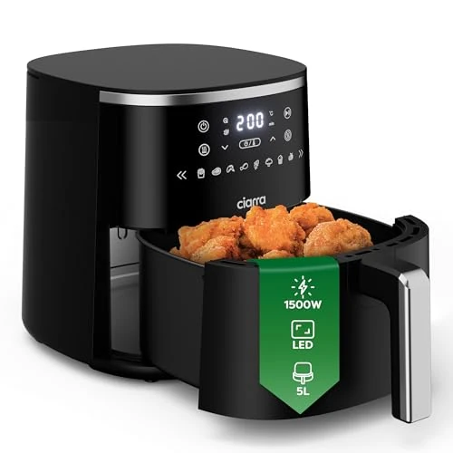 CIARRA Digital Touch Panel Air Fryer, 5L, Uses No Oil, Air Fry, Extra Crisp, Roast, Bake, Reheat, Dehydrate, 8 cooking options, Non-Stick, Dishwasher Safe Baskets, Black