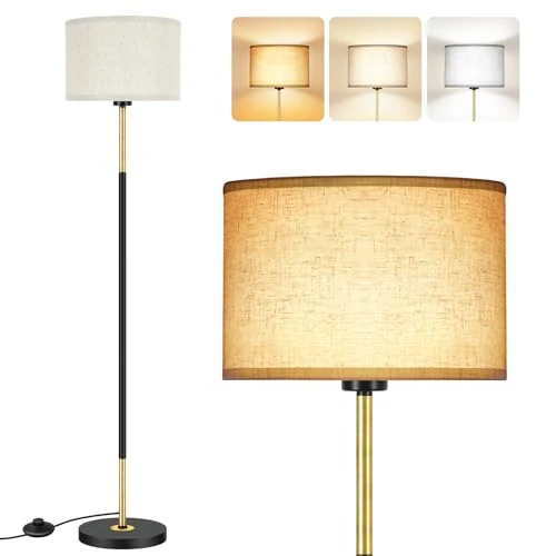 OUTON Lampadaire sur Pied Salon, 3 Températures de Couleur avec 9W E27 Ampoule & Interrupteur à Pied, Lampe de Lecture LED avec Abat-Jour en Lin, Design Vintage Moderne pour Chambre et Bureau(Noir Or)