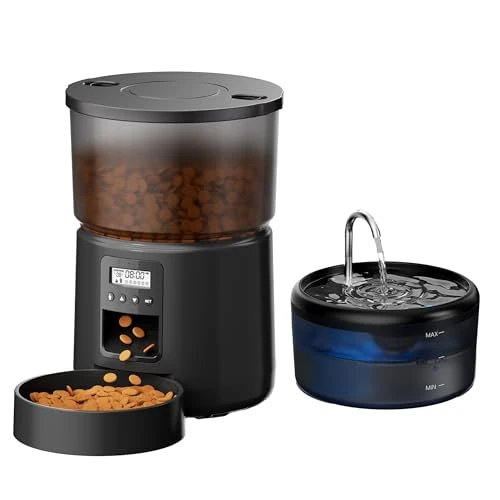 Distributeur Croquettes Chat Automatique et Fontaine: Distributeur Croquettes Chien et 2,4L Fontaine a Eau Chat - 3L Mangeoire de Nourriture Animaux avec Minuterie Programmable 6 Repas - 10S Voix Noir