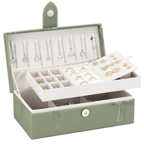 Limited offer: DesignSter Jewellery Box, 2-Layer Jewellery Storage Organiser for Women, Personalised PU Jewellery Box for Earrings Bracelets Rings Necklaces, Jewellery Case with Pattern, Bamboo from 23.99 EUR to 16.09 EUR (save 33%)