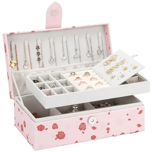 Tijdelijke aanbieding: DesignSter sieradendoosje voor dames en meisjes, 2 lagen lederen sieradenorganizer, gepersonaliseerde sieradendoos voor oorbellen, armbanden, ringen, halskettingen, roos van 19.99 EUR naar 19.99 EUR (korting 0%)