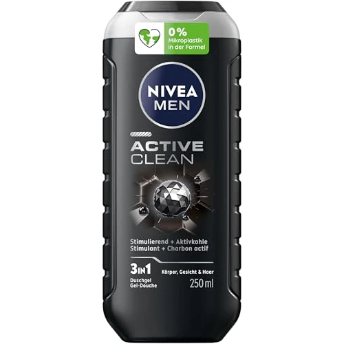 NIVEA MEN Gel de ducha Active Clean con pH neutro para la piel para hombres, con fragancia estimulante, fórmula con carbón activo para cuerpo, cara y cabello (250 ml)