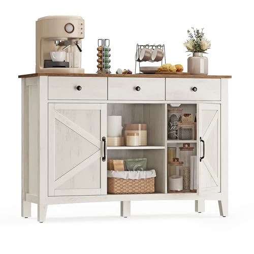 VASAGLE Küchenschrank, Sideboard mit Schubladen, Aufbewahrungsschrank mit Türen, verstellbare Ablage, Landhausstil, für Wohnzimmer Küche, 40 x 114,5 x 80 cm, vintageweiß-honigbraun BBK371W02V1