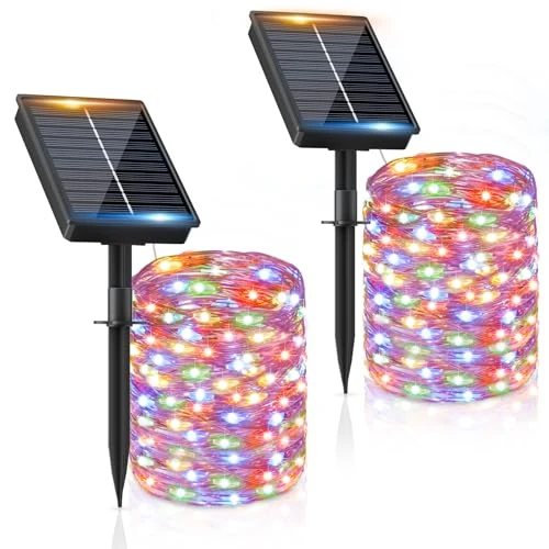 FIFlying Outdoor Solar Lights, 2 Packs, 16 + 2 M 160 LED Solar Garden Lights, IP65 Waterproof, Multicoloured, 8 Modes, Chain Luc Outdoor Decorative Garden Tree Patio Patios, Festivals, Weddings
