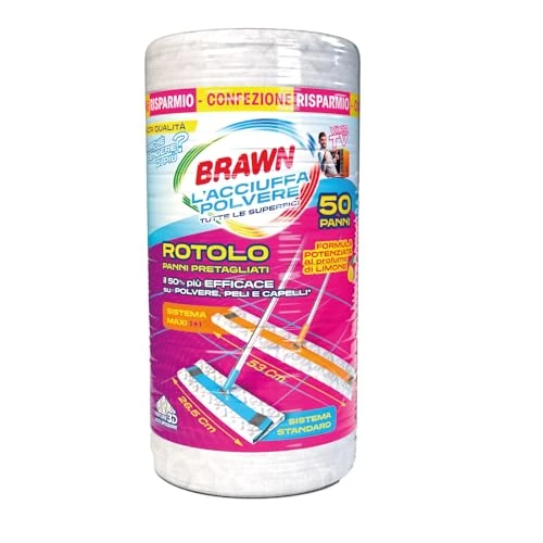 Brawn Acciuffapolvere HQ Rotolo con Panni Pretagliati per Scope Standard e Scope Maxi, Tessuto in Texture 3D ad Alto Spessore con Maggiore Potere Elettrostatico, Rotolo da 50 Panni Pretagliati