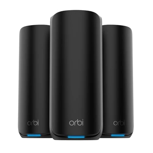 NETGEAR Orbi Serie 870 | Mesh-WiFi-7-System | WiFi-7-Router und 2 Satelliten | bis zu 21 Gbit/s | Abdeckung bis 600 m² und 150 Geräte | 10-GB-Internetport | Quad-Band BE21000 | RBE873SB | Schwarz