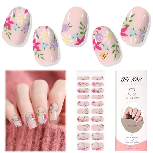 EBANKU Semi Uitgeharde Gelnagel Strips, 24 Stuks Gelnagel Stickers Langdurige Gelnagel Strips met Nagelvijl Stick voor Pedicure van Salon Kwaliteit (Roze Bloem)