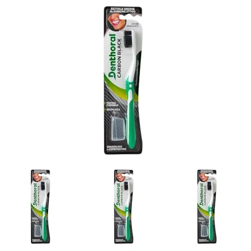 Denthoral, Spazzolino Carbon Black, Spazzolino con Setole Medie al Carbone Attivo, Azione Sbiancante, Testina Flessibile e Antiplacca, Favorisce una Pulizia Profonda, Confezione con Copritestina