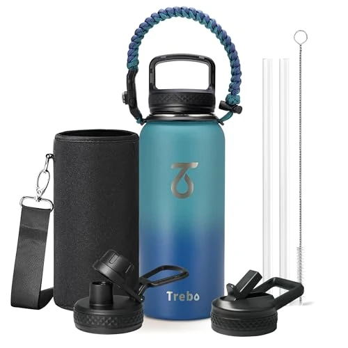 Offerta a tempo: Trebo Borraccia Termica, Borraccia con Cannuccia Borraccia acciaio inox fredda per 48 ore Borraccia Termica Bottiglia in Metallo con Manico in Paracord, 946 ml, Blu Ciano - 10% da 28.99 € a 26.16 €