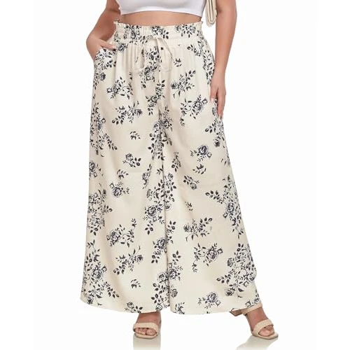 Limited offer: Moon Wood Womens Wide Leg Trousers Ladies Printed Flowy Palazzo Pants Summer Elasticated Smocked Waist Casual Trousers with Pockets Plus Size from 19.99 EUR to 19.99 EUR (save 0%)