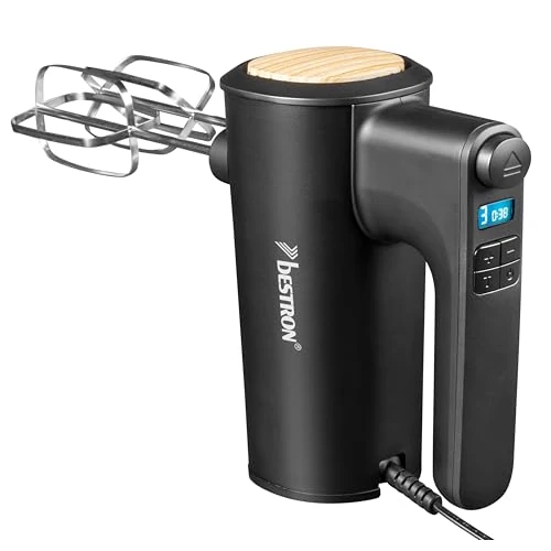 Offerta a tempo: Bestron Potente mixer manuale con 6 livelli, funzione turbo e display LCD, agitatore con 2 fruste e 2 ganci per impastare, peso leggero di 1 kg, colore: nero/legno - 40% da 29.99 € a 17.99 €