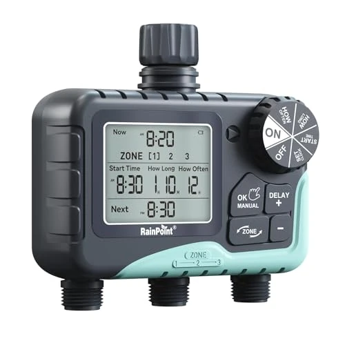 Offerta a tempo: RAINPOINT Centralina Irrigazione 3 Uscite, Timer Irrigazione Da Giardino Con Ampio Display Lcd, Timer Irrigazione Automatico Con Modalità Di Ritardo Pioggia/Manuale/Automatica per Prato Da Giardino - 45% da 84.99 € a 46.99 €