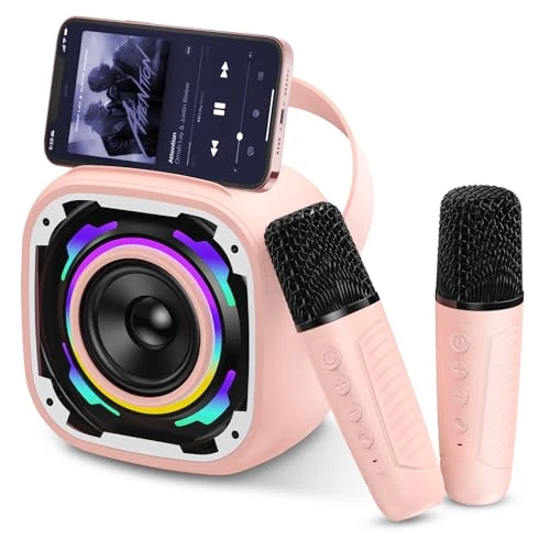 Limitiertes Angebot: PKBD Karaoke Maschine Kinder mit 2 Mikrofonen, Tragbare Bluetooth Lautsprecher mit Telefonhalterung/Dynamisches Licht/Voice Changer Effekte, Mini Karaoke Box Geschenk für Mädchen Jungen, Rosa von 23.99 EUR auf 23.99 EUR (Spare 0%)