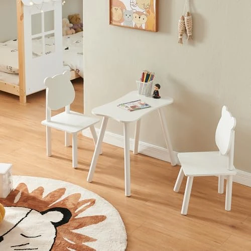 [en.casa] Conjunto Infantil de Mesa y 2 Sillas Panjang Respaldo en Forma de Osito Juego Elegante de 3 Piezas para Niños y Niñas Madera de Pino - Blanco