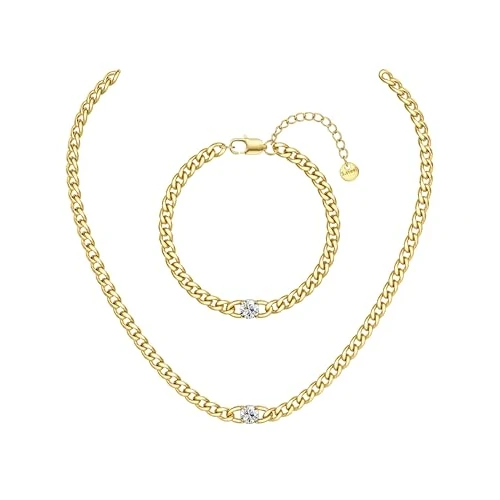 Adramata Collar de Cadena Cubana y Brazalete para Mujer - Cadena de Acero Inoxidable Bañado Oro 14K - Set Joyería con Circonitas - Resistente Agua - 40/45/50CM - Regalo Elegante