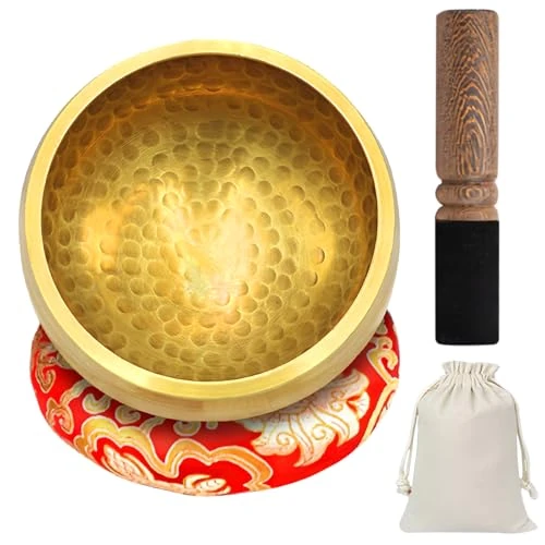 WANDGU Set di campane tibetane piccole, 8 cm, con bacchetta in legno e cuscino a campana tibetana, custodia in tessuto, per meditazione, yoga, chakra