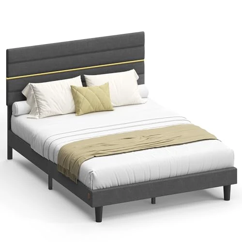 VASAGLE Dubbel bedframe, geschikt voor matrassen van 140 x 200 cm, verstelbaar gewatteerd hoofdeinde, bedframe, metaal, massief hout, modern, leigrijs RMB504G01