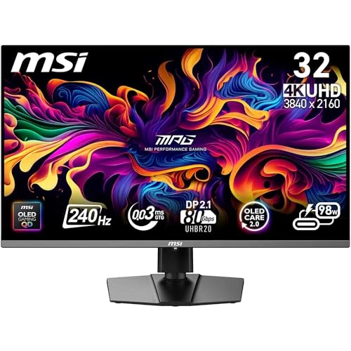 MSI MPG 322URX QD-OLED 31,5" 4K UHD Gaming Monitor - Pannello Quantum Dot OLED 3840 x 2160, 240Hz / 0,03ms, 99% DCI-P3, ΔE≤2, DisplayHDR True Black 400, KVM, RGB - DP 2.1a, HDMI 2.1, USB Type-C