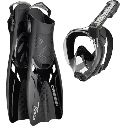 Limited-time offer: Cressi Baron+Tonga Combo Black/Black S/M-Set Baron Full Face Mask, Wide View, Anti-fog System, Easy Breathing+Light Adjustable Tonga Fins, Black/Black, S/M from 93.78 GBP to 93.78 GBP (save 0%)