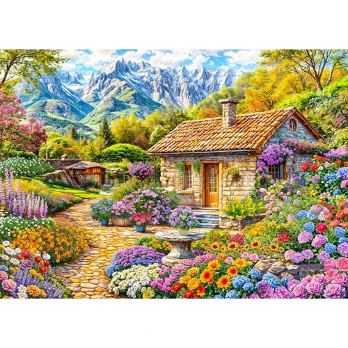 Puzzel met 1000 stukjes voor volwassenen, klassiek leerspel - Kleurrijke bloemen en huis - Prachtig decoratie puzzel, ideaal als cadeau