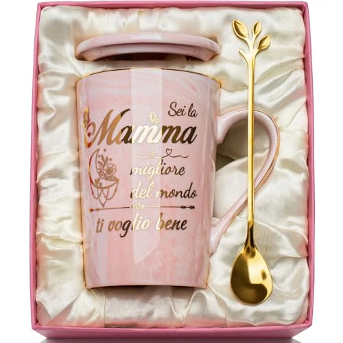 Offerta a tempo: YIKILYLIFE Regalo Festa Della Mamma, Regalo Mamma Tazza 400ml, Regal-o Mamm-a Compleanno, Rosa Ceramica Marmorizzata Regali per Mamm-a Natale Idee, con Coperchio, Cucchiaio, Biglietto - 33% da 29.99 € a 19.99 €