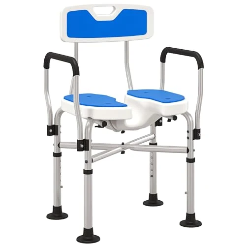 HOMCOM Silla de Ducha con Respaldo, Reposabrazos, Asiento Acanalado y Barras de Refuerzo, Taburete de Ducha con Altura Ajustable, Orificios para el Agua y Pies Antideslizantes para Ancianos y