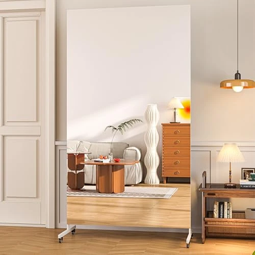 Hasipu Home Gym Mirrors 360° Swivel on Wheels,200 x 100cm Extra Large Full Body Rolling Mirror, Tempered Glass Easy to Move Full Length Mirror for Yoga Studio, Bedroom, Dancing Studio, White