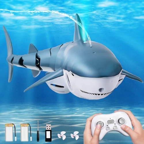 YOOHBERRYS Requin Telecommandé, 2.4 GHz Jouet Requin Télécommandé, Bateau Requin RC avec Lumières et Jets d'eau, Jouet Piscine Cadeau pour 6+ Ans Garçon Fille (Très Grand Requin)