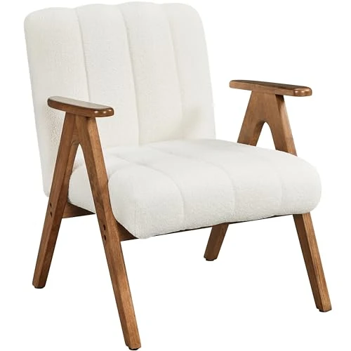 Yaheetech Fauteuil à oreilles en tissu boucle, fauteuil lounge avec accoudoirs, fauteuil avec pieds en bois pour salon, chambre à coucher, fauteuil rembourré, fauteuil TV, cadre stable, charge