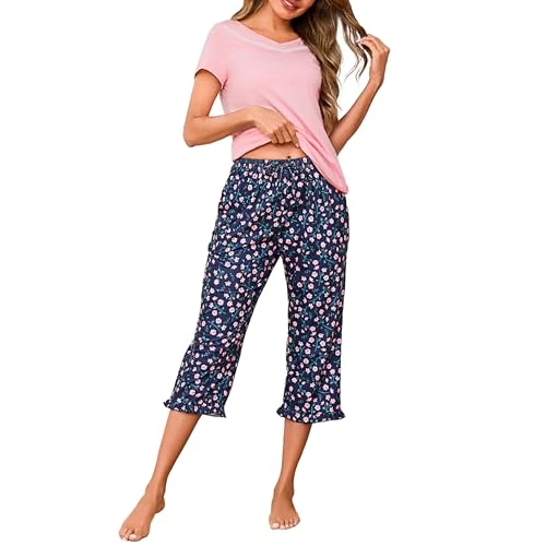 Bresdk Pijamas Mujer Corto Verano Pijama Set para Mujer de Algodón con Pantalones Estampados Conjunto Cómodo y Casual(Rosa,XL)