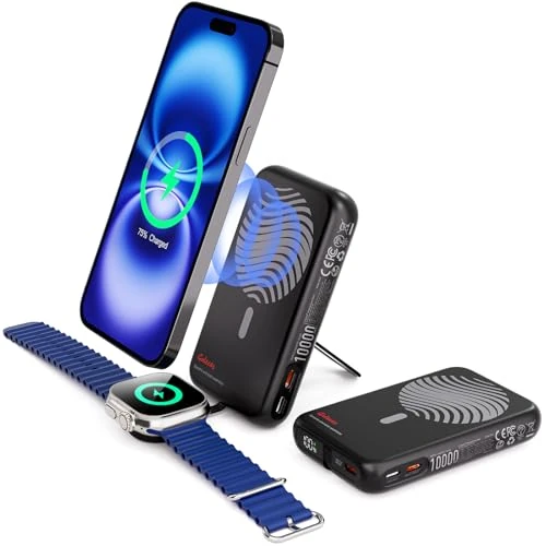 Galeces Batterie externe magnétique 10 000 mAh, chargeur sans fil portable, 20 W, charge rapide avec écran LED et support pliable pour iPhone/16/15/14/13/12/Apple Watch