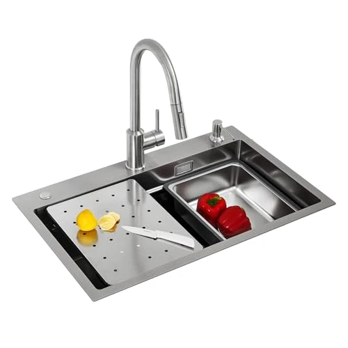 CECIPA Fregadero con Grifo Extensible, 70x45 CM Fregadero de Acero Inoxidable con Dispensador de Jabón, Fregadero Cocina con Lavello Mobile e Tagliere, Cepillado