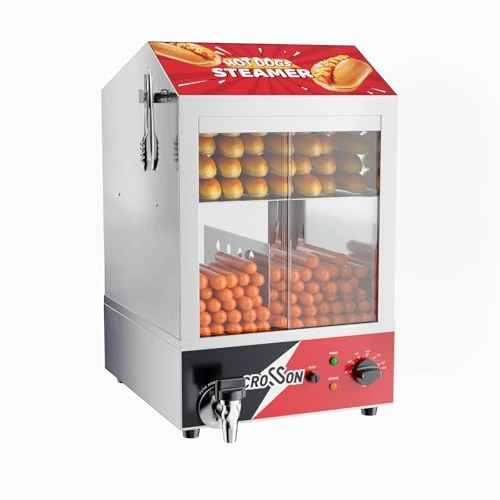 CROSSON Hot Dog Dampfgarer, 42L, 2-stöckiger Hot Dog Hut Dampfgarer, 175 Hot Dogs und 50 Brötchen Brötchen Fassungsvermögen Brötchenwärmer mit sichtbaren Schiebetüren aus gehärtetem Glas