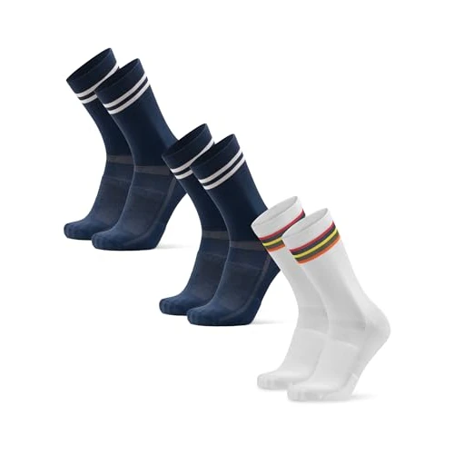 DANISH ENDURANCE Fahrrad Socken, Rennrad Socken, Gepolstert, Unisex, für Herren & Damen, 3 oder 5 Paar, Mehrfarbig (2xmarineblau/Streifen, 1xweiß/Streifen), 39-42