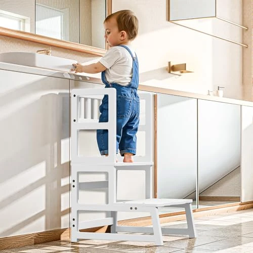 Offerta a tempo: COSYLAND Torre Montessoriana per Bambini 2 in 1 - Torretta Montessoriana con protezione rimovibile, si trasforma in scaletta, capacità 136 kg per cucina/bagno/soggiorno/cameretta (Bianco) - 15% da 36.99 € a 31.44 €