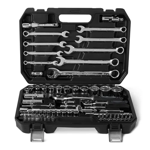 Offerta a tempo: Amazon Basics Set da 82 pezzi di bussole con cricchetto, estensori e punte, con custodia - 0.00% da 52.35 € a 52.35 €