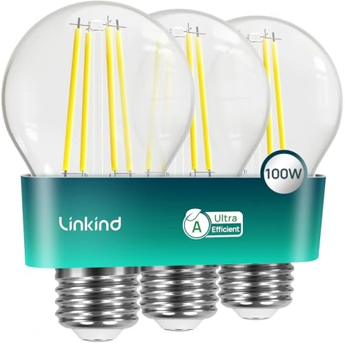 Offerta a tempo: Linkind Lampadina Vintage, E27 ultra efficiente, 7,2 W = 100 W, luce bianca calda 2700 K, Classe energetica A, Non dimmerabile, 1521 lumen, Lampadina Edison A60, Pacco da 3 - 0.00% da 16.61 € a 16.61 €