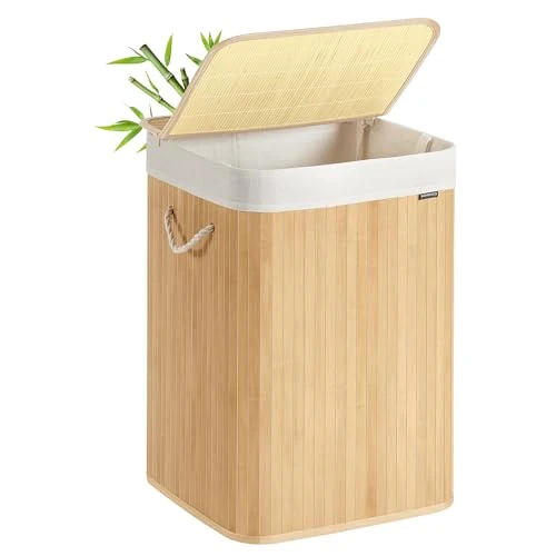 SONGMICS Laundry Basket, 95 L, Laundry Hamper, Laundry Bin with Lid, Bamboo, Foldable, Removable and Machine Washable Liner Bag, for Laundry Room, Bedroom, Natural LCB060Y01