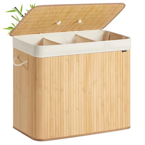 Limited offer: SONGMICS Laundry Basket with Lid, 3 Compartments, 170 L, Bamboo Laundry Basket, Foldable, Removable and Machine Washable Bag, with Handles, for Laundry Room, Bedroom, Natural LCB013Y01 from 46.99 EUR to 39.99 EUR (save 15%)