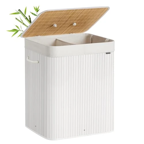SONGMICS Wäschekorb mit Deckel, 2 Fächer, 120 Liter, Wäschesammler aus Bambus, faltbar, Wäschesack herausnehmbar und maschinenwaschbar, mit Griffen, für Waschküche, Schlafzimmer, weiß LCB014W01