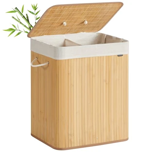 Offerta a tempo: SONGMICS Cesta Portabiancheria con Coperchio, 2 Scomparti, 120 L, Cesto Porta Biancheria in Bambù Pieghevole, Sacco Rimovibile e Lavabile in Lavatrice, Maniglie, Lavanderia Camera, Naturale LCB014Y01 - 40.01% da 31.99 € a 19.19 €