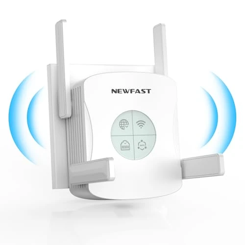 NEWFAST WiFi 6 WiFi-Repeater, AX1800 Leistungsstarker WiFi-Verstärker Dual Band 5 GHz/2,4 GHz WiFi Extender mit Gigabit-Port, 4 Antennen, intelligentes Display, kompatibel mit allen Netzwerkboxen