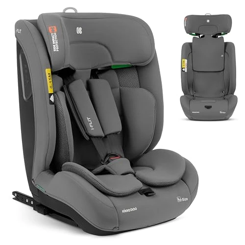 KikkaBoo i-Size i-­FLIT, Kindersitz 9-36 kg ISOFIX, Autokindersitz 76-150 cm, Gruppe 1/2/3, 15 Monate bis 12 Jahre, SPS Seitenschutz, Top Tether, Verstellbare Kopfstütze, Hellgrau