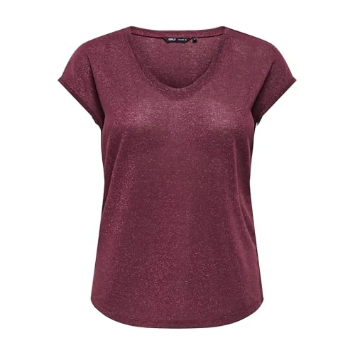 Limited-time offer: ONLY Women's Onlsilvery S/S V Neck Lurex Top JRS Noos T-Shirt, Burgundy, XS from 15.00 £ to 10.42 £ (save 31%)