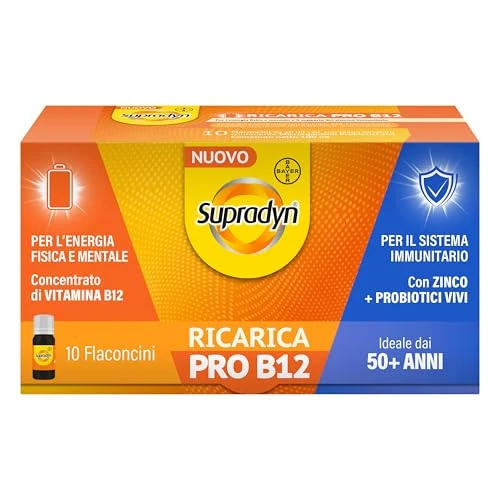 Offerta a tempo: Supradyn Ricarica - Integratore con Vitamina B12, Zinco e Probiotici per la Stanchezza Fisica e Mentale - 10 Flaconcini — 40% da 14,90 € a 8,90 €