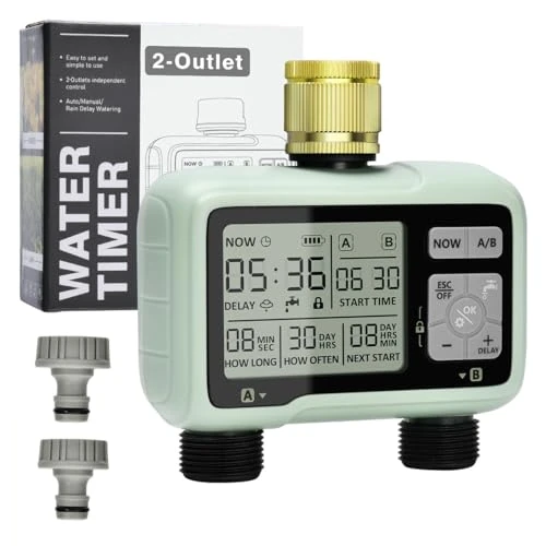 Offerta a tempo: Johgee Irrigazione computer 2 uscite con ingresso in ottone, orologio digitale per irrigazione con ritardo della pioggia, controllo automatico/manuale dell'irrigazione, timer da giardino - 5% da 41.99 € a 39.99 €